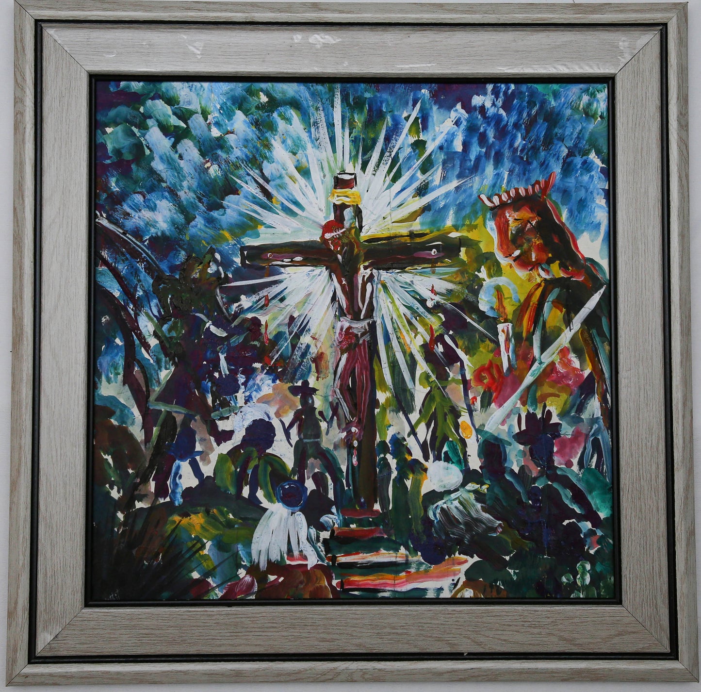The crucifixion of Jesus Chris, poster colour painting, handmade, Victory over Satan on the Cross
