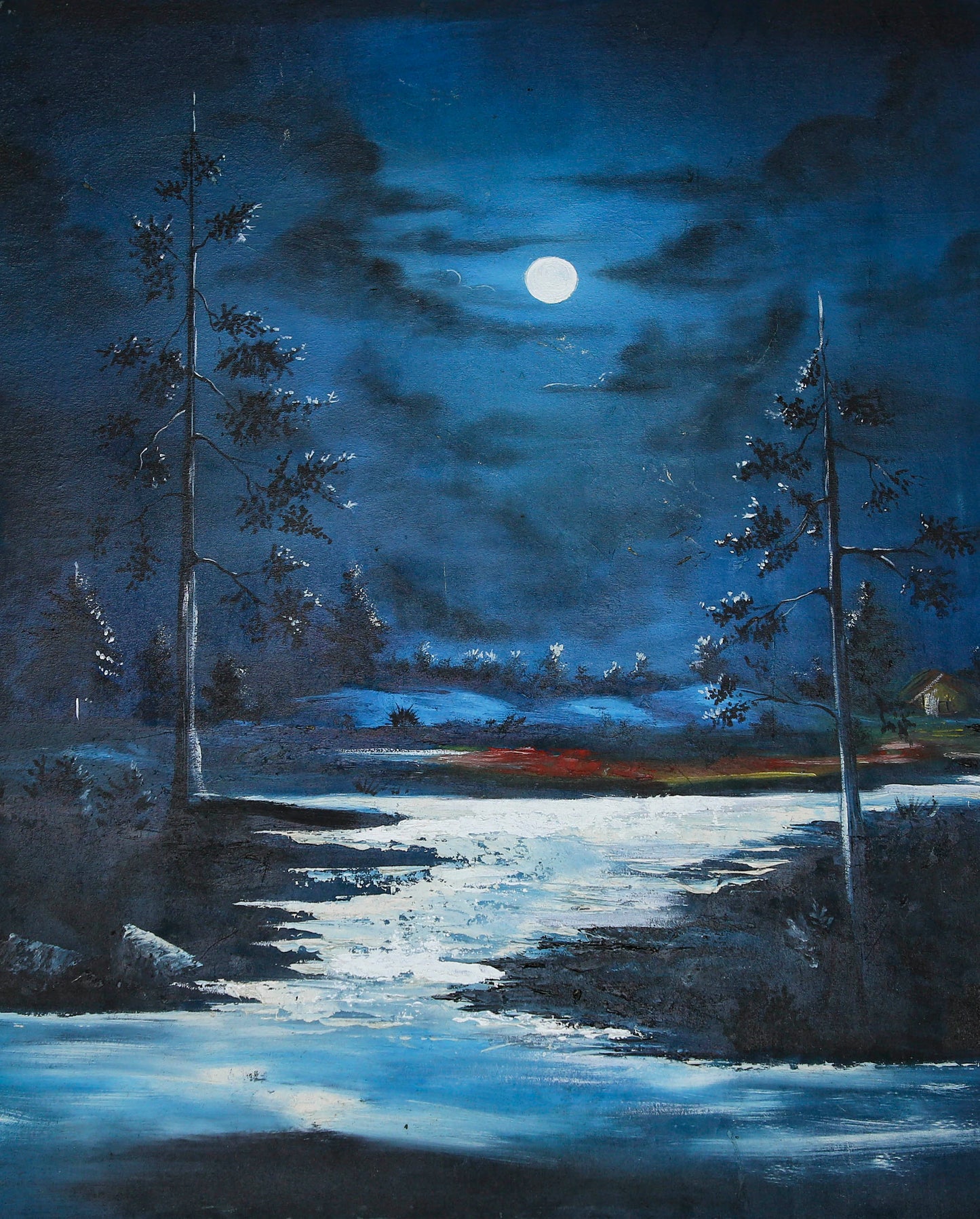 Starry Night, River Landscape painting, handmade knife oil painting