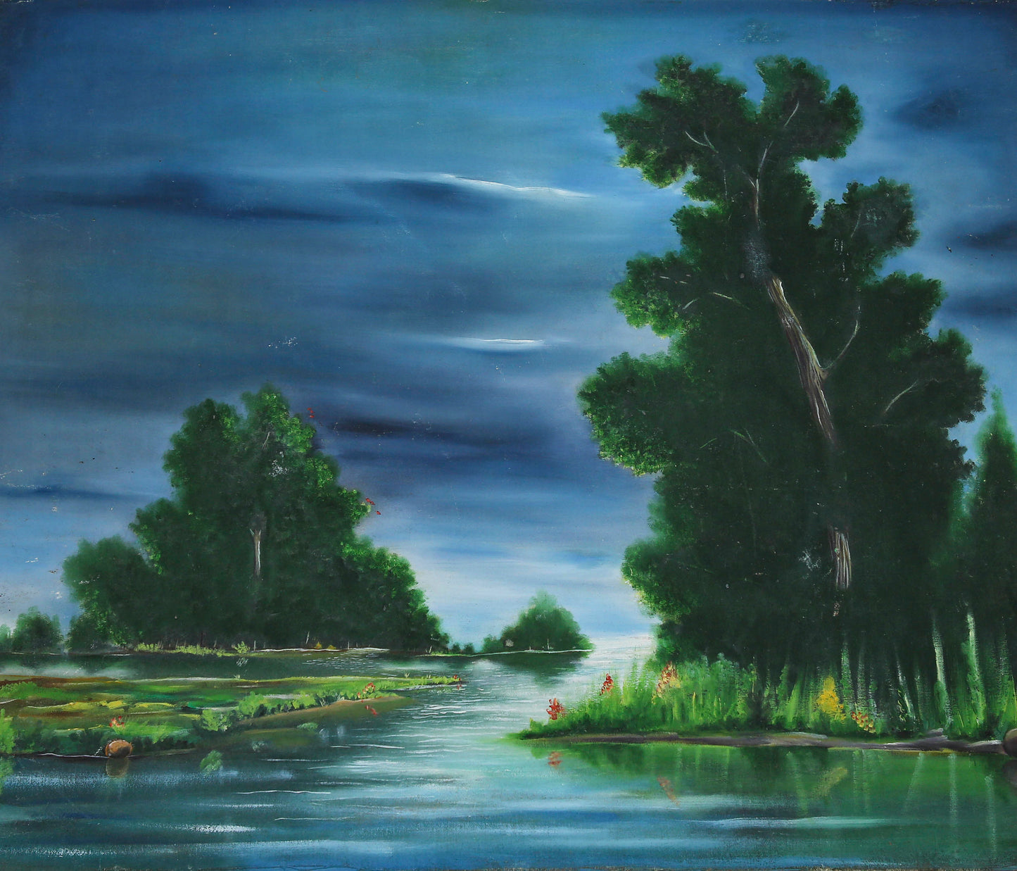 Starry Night, River Landscape painting, knife oil paiting