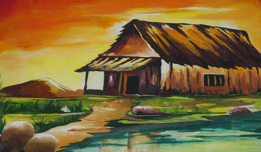 Poster colour painting, village landscape, Indian village