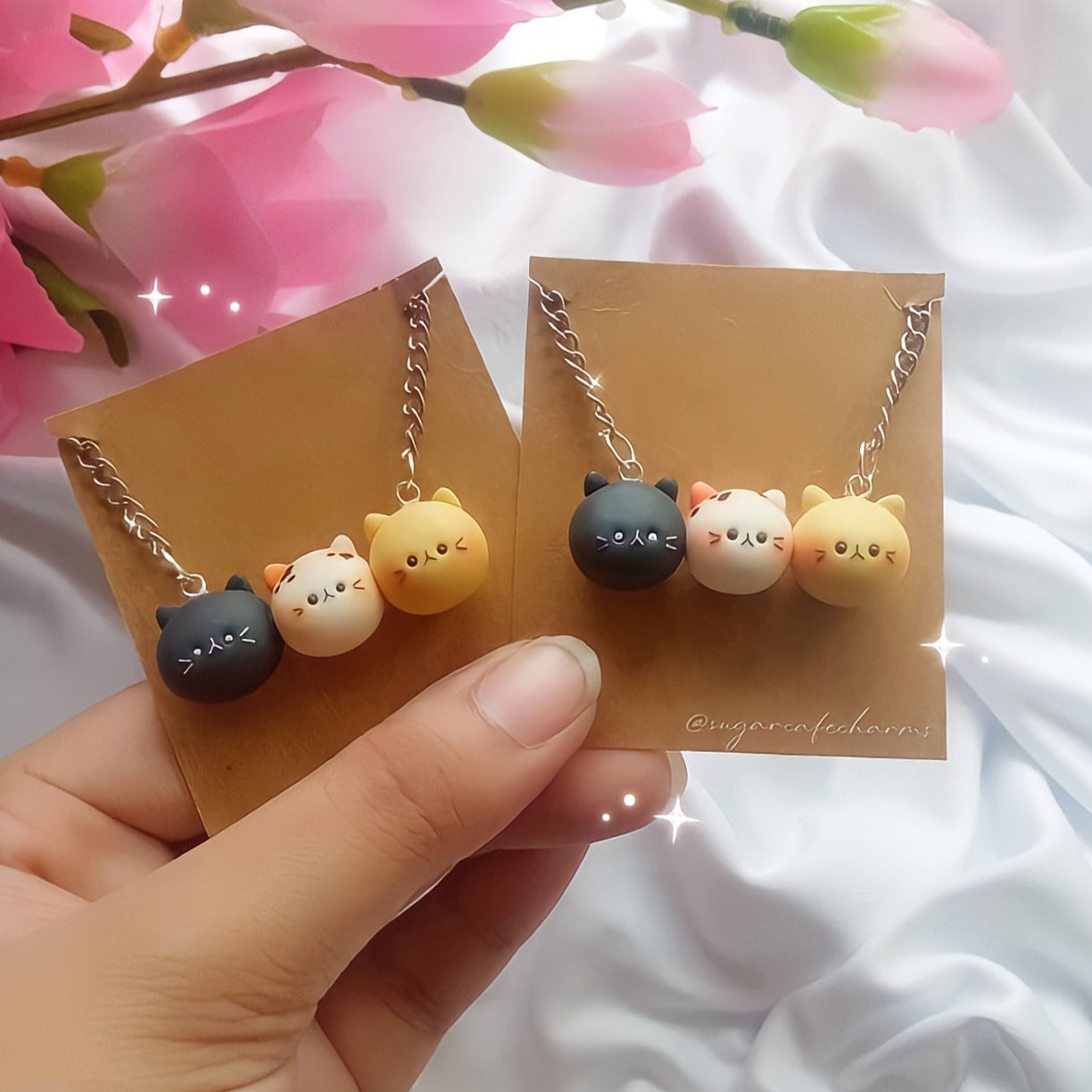 Triple Kitty Necklace, handmade, cute cats