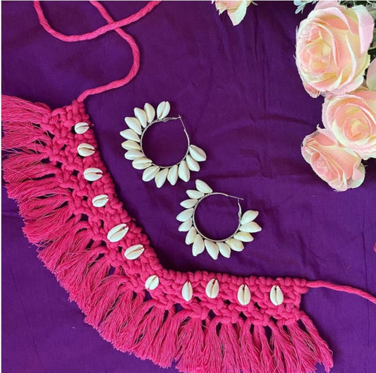 Pink necklace and earrings set, macrame and shell hoops, choker